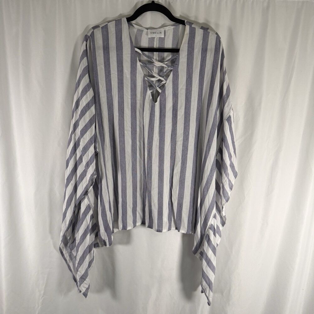 Emelia Blouse Women's Large Blue White Striped Lightweight Flowy V-Neck